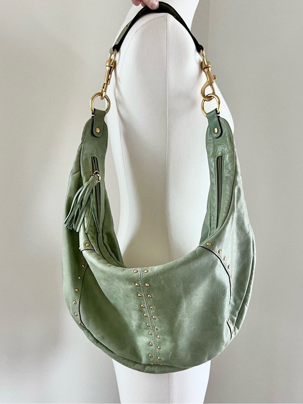 Vintage Fossil Seafoam Green Leather Studded Hobo Bag